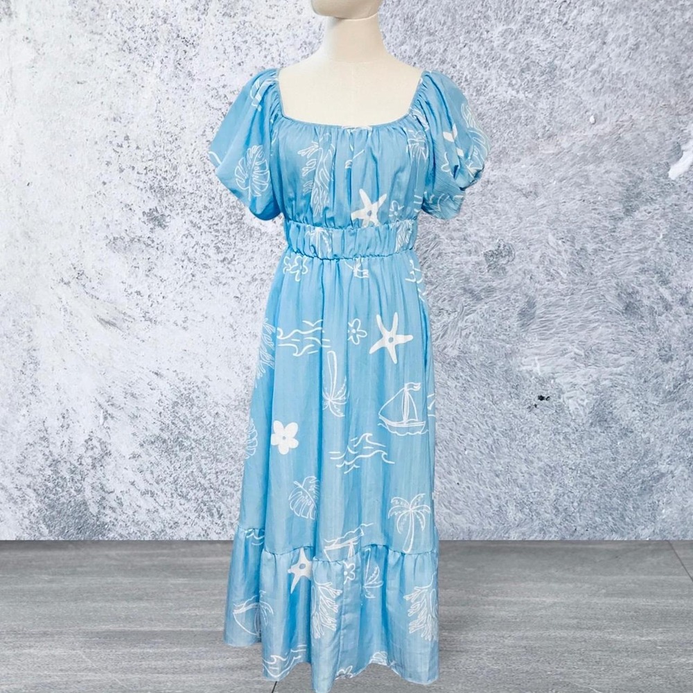 Peach Love Ally Sea Print Sky Blue Midi Dress Mini under Slip Size Large NWT